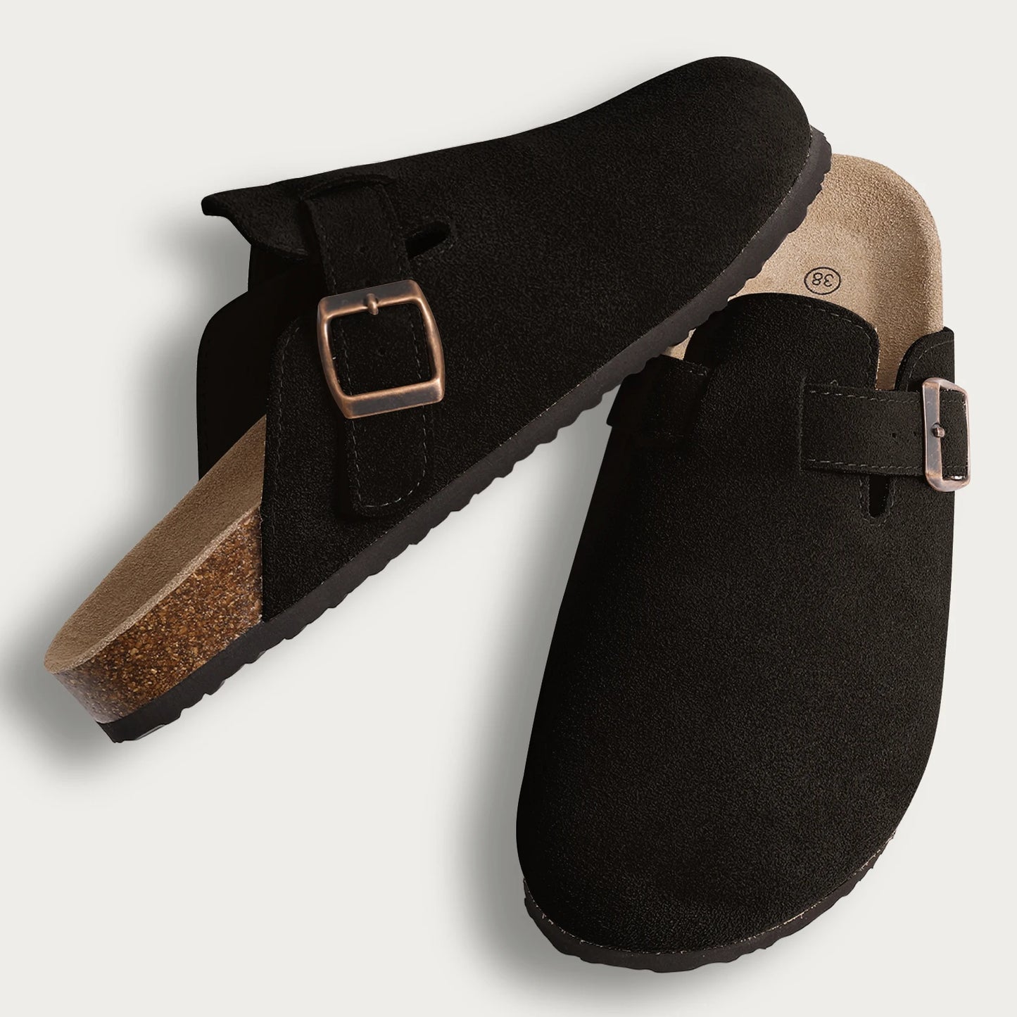Litfun Nouveaux sabots pour femmes, mules en suède de liège tendance pour femmes, chaussons classiques en liège antidérapants pour l’extérieur avec soutien de la voûte plantaire