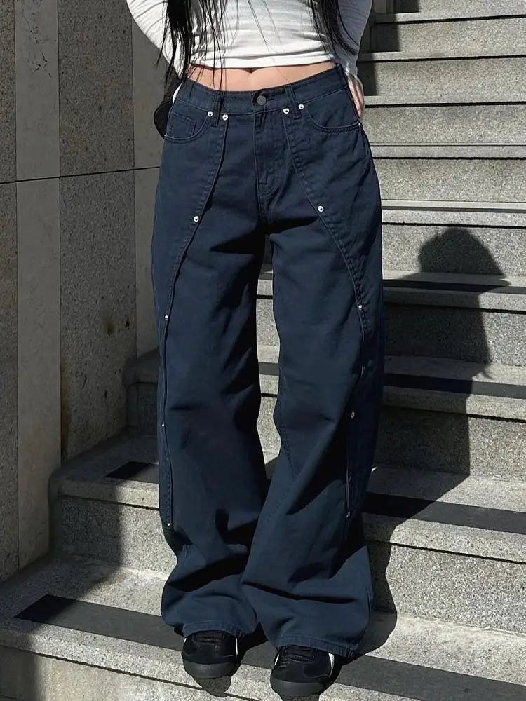 Jeans pour femme vêtements Y2K pantalon ample coupe décontractée à jambe large style rétro américain vintage avec design patchwork à rivets et fente