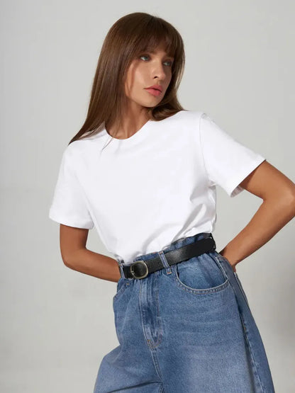 Bornladies Summer T-shirt femme 100 % coton, basique, tendance, uni, manches courtes, haut à superposer ample, 230 g/m², hauts et chemises