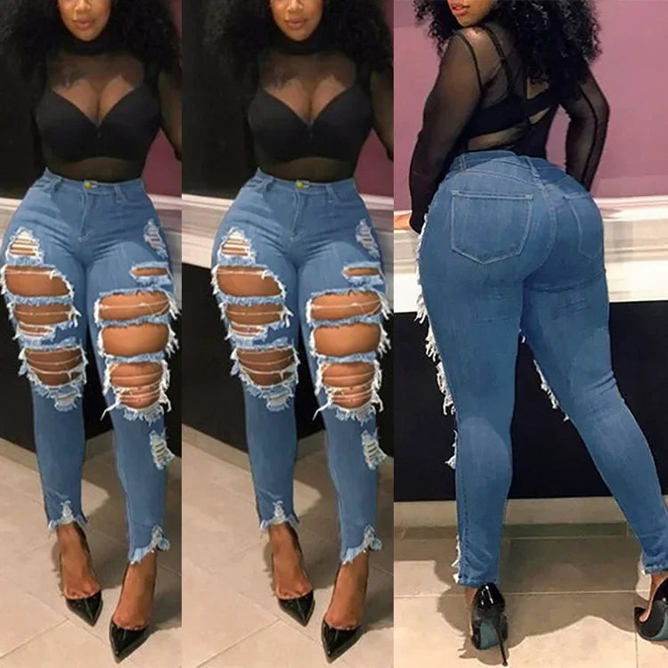 Jeans à trous pour femmes, pantalon crayon en denim, streetwear délavé, skinny extensible, taille haute, effet usé et déchiré, pantalon longueur cheville 2025