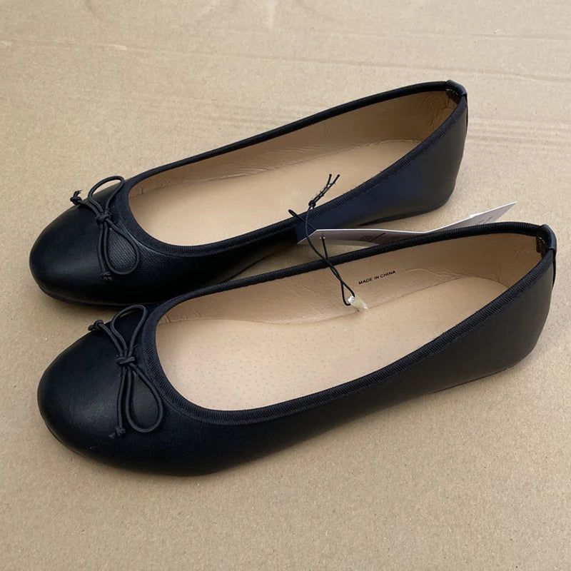 Ballerines élégantes à nœud pour femme, plates à bout rond, confortables, à enfiler, mocassins pour dames en cuir, mules simples, chaussures