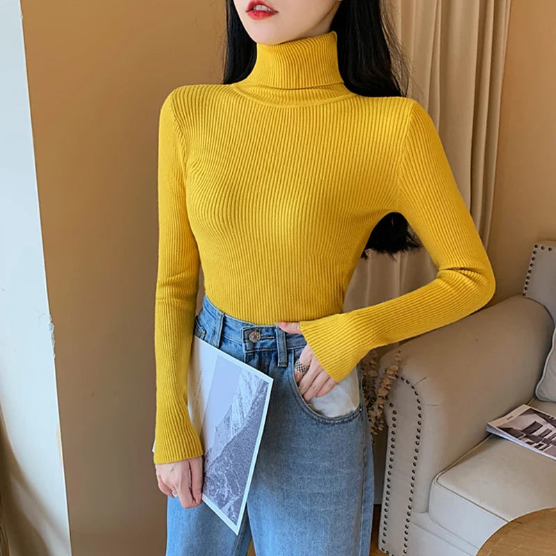 Pull femme automne-hiver 2026 à manches longues en maille, col roulé rabattable côtelé, doux et chaud, jumper pullover vêtements pour femme