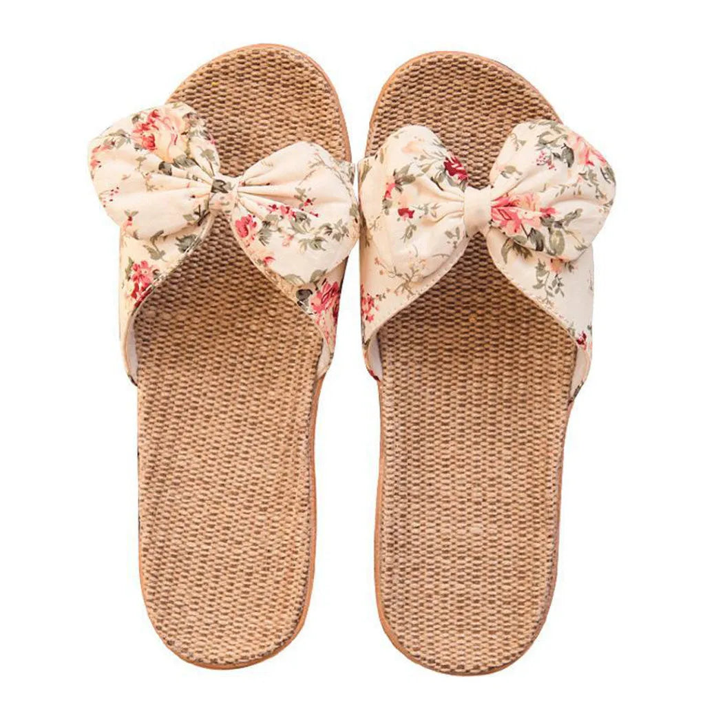 Chaussures pour femme Sandales Mujer Femmes Féminines Nœud décoratif Lin en toile Tongs Chaussures de plage Sandales Pantoufles Chaussures Femme