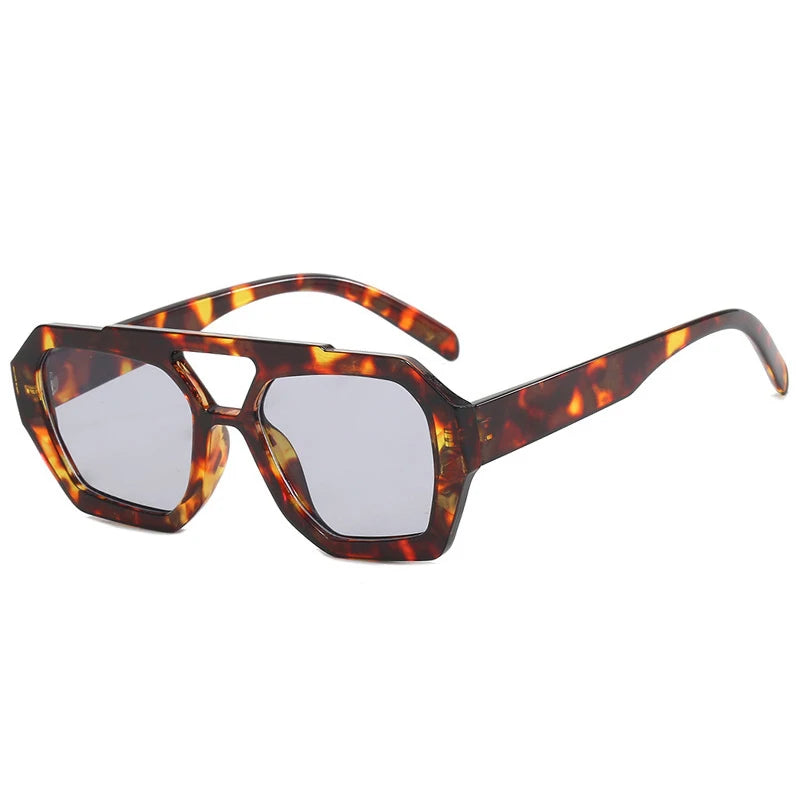 Lunettes de soleil rétro à double pont pour femmes, grande monture léopard dégradé thé, lunettes tendance de luxe de créateur, lunettes de soleil pour hommes