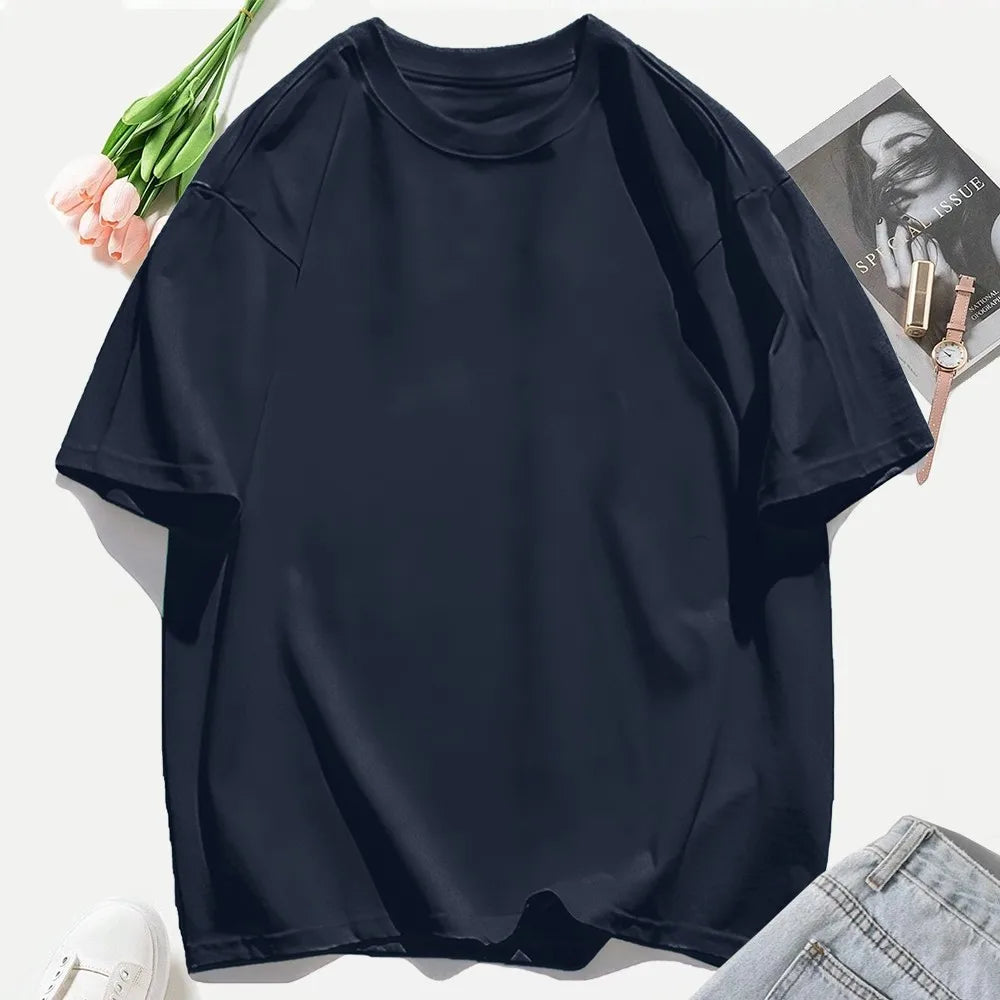 T-shirt femme Y2K 100 % coton, t-shirt décontracté de couleur unie, col rond, hauts d’été pour femmes, mode oversize, sportswear féminin tendance.