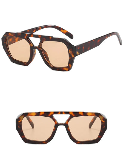 Lunettes de soleil rétro à double pont pour femmes, grande monture léopard dégradé thé, lunettes tendance de luxe de créateur, lunettes de soleil pour hommes