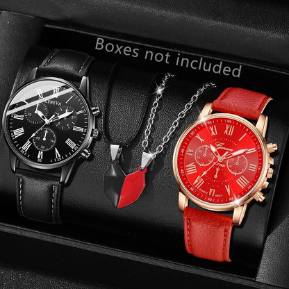 Ensemble de 1/2 pièces de montres décontractées en cuir pour couple, mode tendance, montres-bracelets à quartz pour femmes avec cadran simple, montre habillée, montre femme