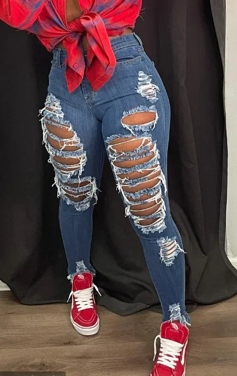 Jeans à trous pour femmes, pantalon crayon en denim, streetwear délavé, skinny extensible, taille haute, effet usé et déchiré, pantalon longueur cheville 2025