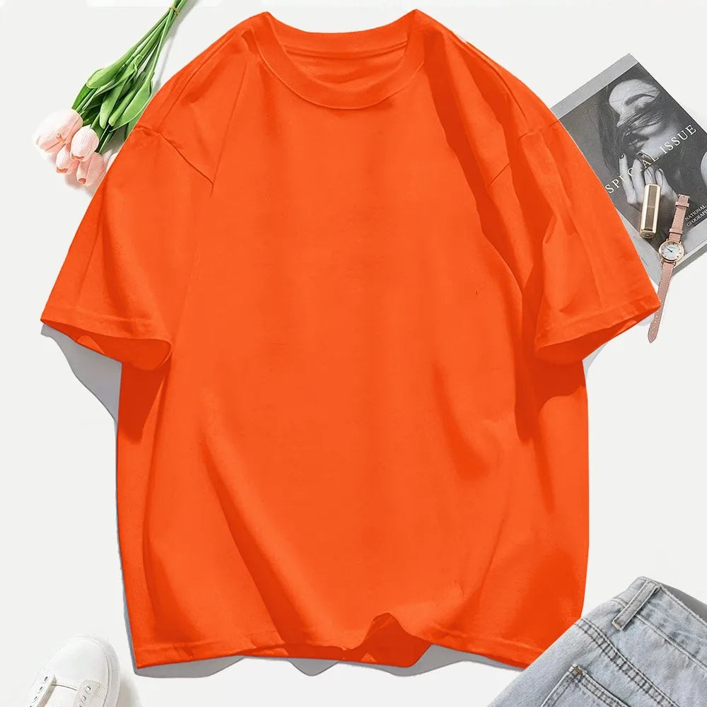 T-shirt femme Y2K 100 % coton, t-shirt décontracté de couleur unie, col rond, hauts d’été pour femmes, mode oversize, sportswear féminin tendance.