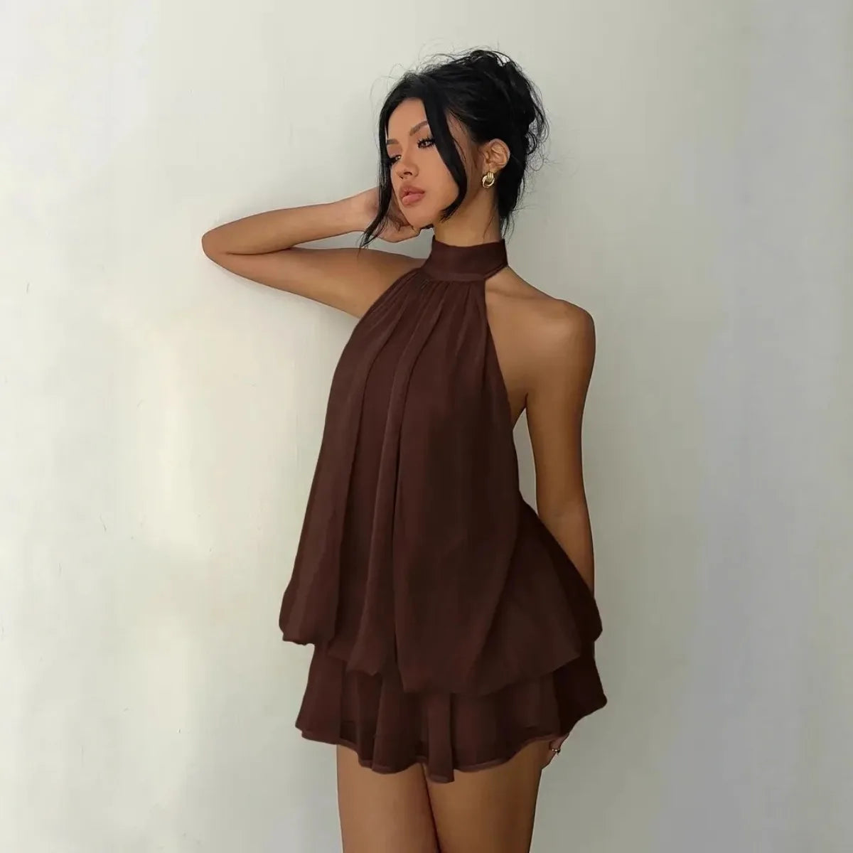 Robe à encolure licou pour femme, dos nu, en chiffon transparent à nouer sur le devant, mini-jupe, robe de fête tendance, sexy, Y2K, vintage, mignonne pour anniversaire