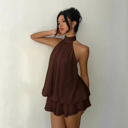 Robe à encolure licou pour femme, dos nu, en chiffon transparent à nouer sur le devant, mini-jupe, robe de fête tendance, sexy, Y2K, vintage, mignonne pour anniversaire