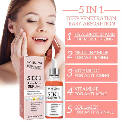 Sérum visage raffermissant 5 en 1 pour estomper les ridules, hydratant et éclaircissant, sérum facial à la vitamine C et à l’acide hyaluronique, resserre les pores, soin de la peau