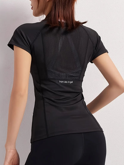 T-shirt de sport pour femmes, été, respirant, dos sexy, tenue de fitness, séchage rapide, haut à manches courtes pour la course, l’entraînement et le yoga