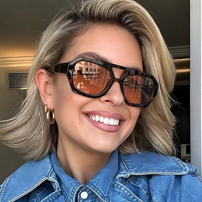 Lunettes de soleil rétro à double pont pour femmes, grande monture léopard dégradé thé, lunettes tendance de luxe de créateur, lunettes de soleil pour hommes