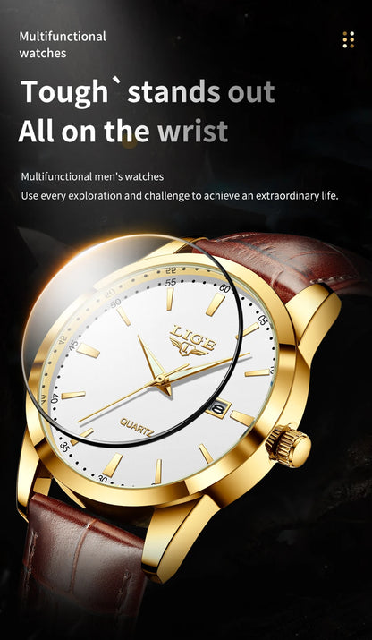 Montre Homme LIGE Nouvelle Montre de Luxe en Cuir Marron pour Homme, Montre Homme Mode Business, Montre Sport d’Extérieur Étanche à Quartz pour Homme