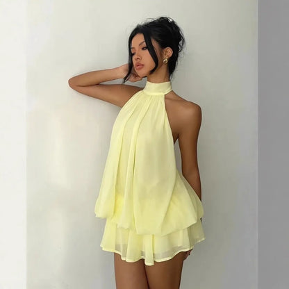 Robe à encolure licou pour femme, dos nu, en chiffon transparent à nouer sur le devant, mini-jupe, robe de fête tendance, sexy, Y2K, vintage, mignonne pour anniversaire