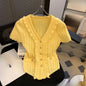 T-shirt tricoté pour femmes uni à volants printemps été col en V élégant vêtements pour femmes à simple boutonnage t-shirts adorables