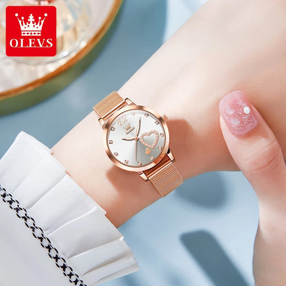 Montre pour femme OLEVS 5189, montre-bracelet à quartz, montre décontractée et tendance pour dames, étanche, lumineuse, bracelet en maille, cadran cœur, index en zircon.