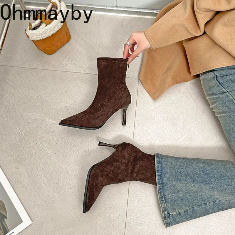 Bottines à talons hauts pour femmes à bout pointu, chaussures élégantes et tendance pour danse et soirées, bottines courtes slim extensibles pour femmes, automne-hiver