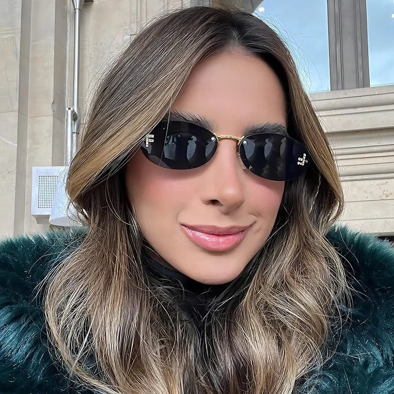 Lunettes de soleil de créateur de marque de luxe sans monture pour femmes, ovales rétro de petite taille, monture métallique, lunettes de soleil pour extérieur, style décontracté vacances, UV400 #300371