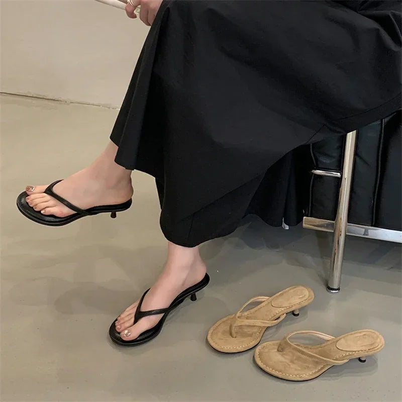 Aneikeh 2026 Mode Pantoufles à talons fins pour femmes, sandales slides à bout rond avec clip, sandales d’été tongs, chaussures féminines mules slides