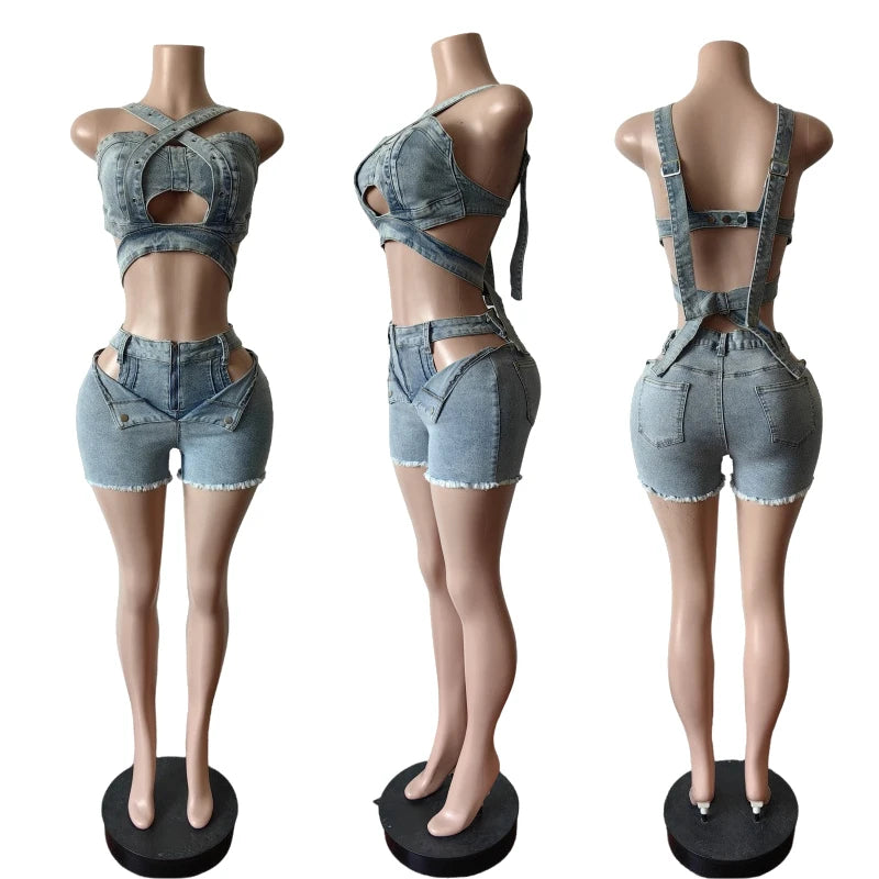 Ensemble short en jean sexy pour femmes, haut court en denim à bretelles et short découpé, vêtements d’été 2025, streetwear, tenue de club deux pièces