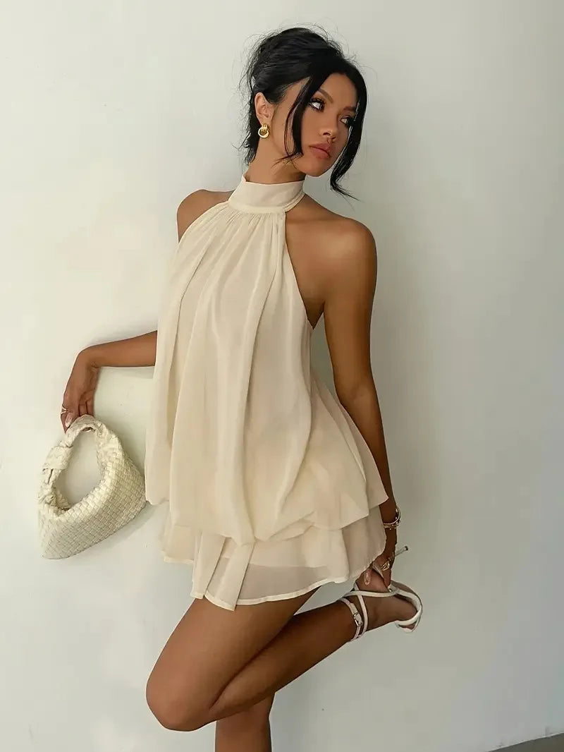Robe à encolure licou pour femme, dos nu, en chiffon transparent à nouer sur le devant, mini-jupe, robe de fête tendance, sexy, Y2K, vintage, mignonne pour anniversaire