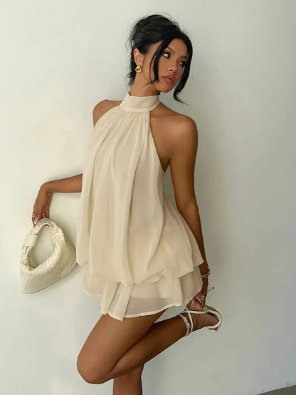 Robe à encolure licou pour femme, dos nu, en chiffon transparent à nouer sur le devant, mini-jupe, robe de fête tendance, sexy, Y2K, vintage, mignonne pour anniversaire