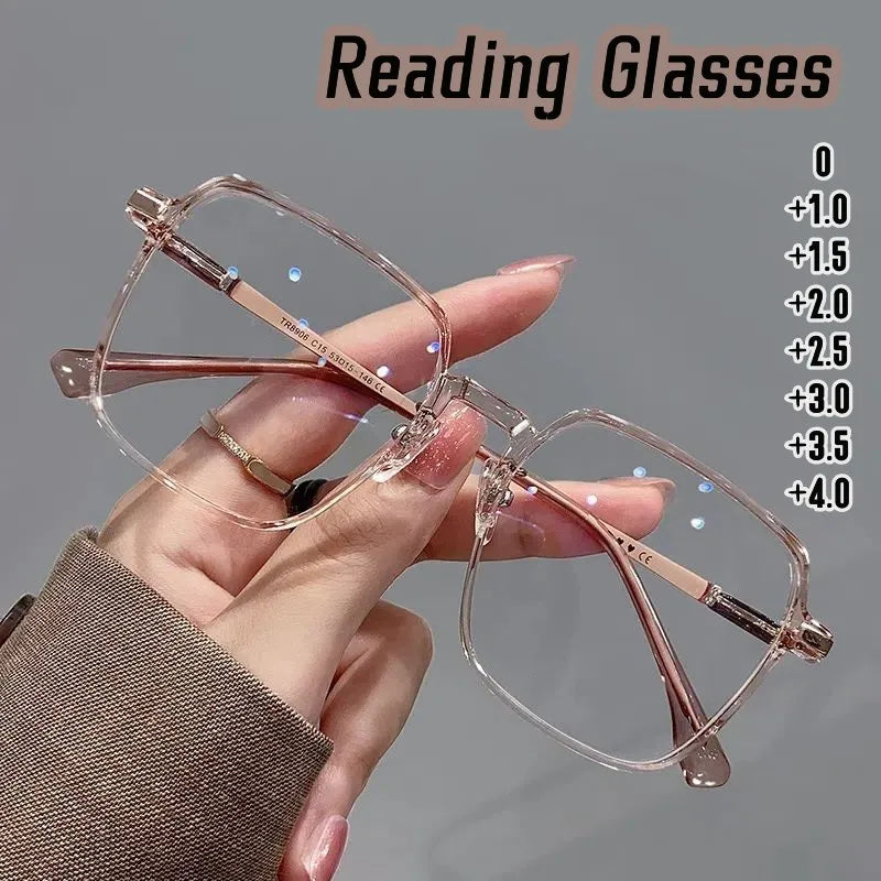 Lunettes de lecture tendance et à la mode pour femmes, anti-lumière bleue, pour la presbytie, lunettes haute définition unisexes avec monture transparente