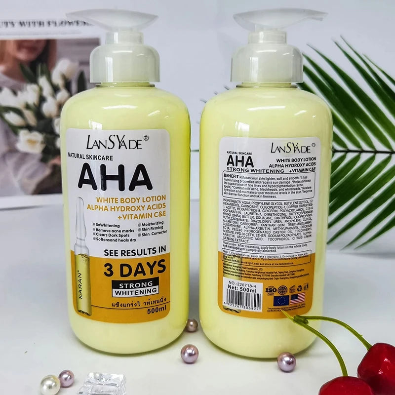 Crème corporelle blanchissante 500 ml aux acides hydroxy AHA, vitamines C&E, lotion corporelle hydratante éclaircissante, élimine les marques d’acné, soin de la peau