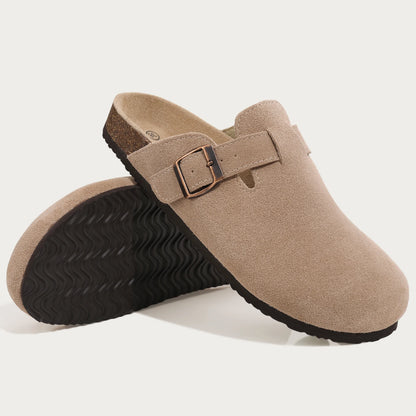Litfun Nouveaux sabots pour femmes, mules en suède de liège tendance pour femmes, chaussons classiques en liège antidérapants pour l’extérieur avec soutien de la voûte plantaire