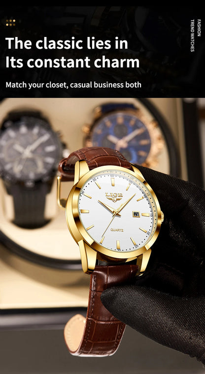 Montre Homme LIGE Nouvelle Montre de Luxe en Cuir Marron pour Homme, Montre Homme Mode Business, Montre Sport d’Extérieur Étanche à Quartz pour Homme