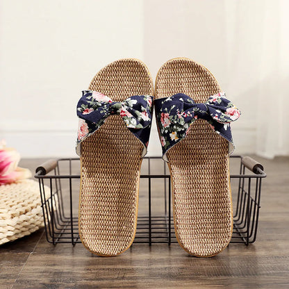 Chaussures pour femme Sandales Mujer Femmes Féminines Nœud décoratif Lin en toile Tongs Chaussures de plage Sandales Pantoufles Chaussures Femme