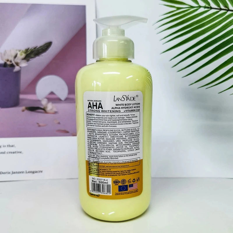 Crème corporelle blanchissante 500 ml aux acides hydroxy AHA, vitamines C&E, lotion corporelle hydratante éclaircissante, élimine les marques d’acné, soin de la peau