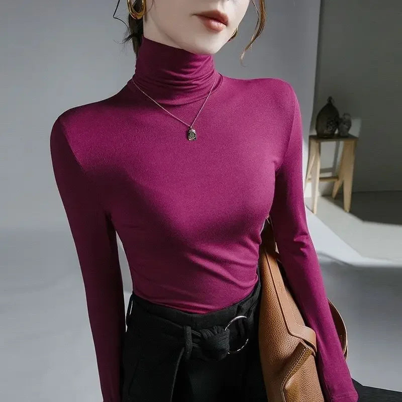 T-shirt femme à col roulé moulant vêtement 2025 haut noir pour femme t-shirt violet tee grunge esthétique simple pas cher stylé années 2000