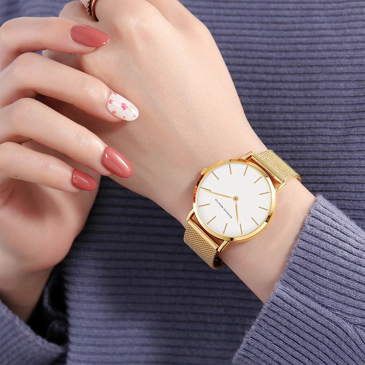 Montre pour femme HANNAH MARTIN en acier inoxydable de qualité, mouvement à quartz japonais, étanche, 36 mm, entièrement or rose, idéale pour le dropshipping.