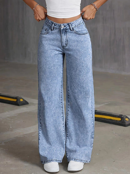 Pantalon large en denim délavé polyvalent et à la mode pour femmes avec broderie de nœud sur la poche arrière