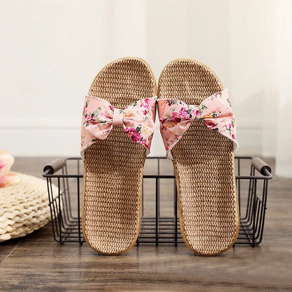 Chaussures pour femme Sandales Mujer Femmes Féminines Nœud décoratif Lin en toile Tongs Chaussures de plage Sandales Pantoufles Chaussures Femme
