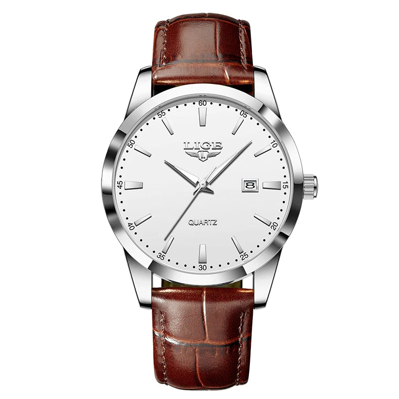 Montre Homme LIGE Nouvelle Montre de Luxe en Cuir Marron pour Homme, Montre Homme Mode Business, Montre Sport d’Extérieur Étanche à Quartz pour Homme