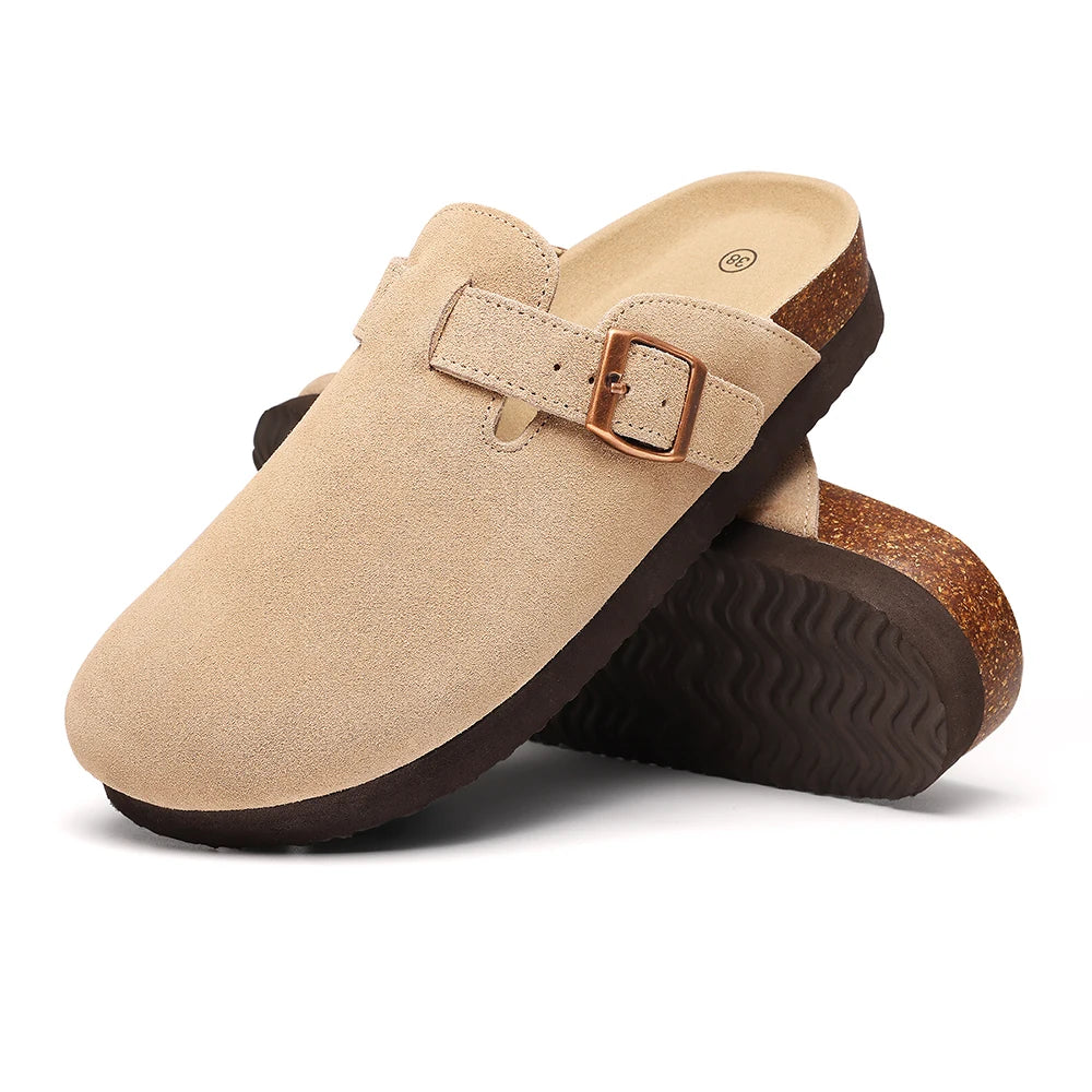 Litfun Nouveaux sabots pour femmes, mules en suède de liège tendance pour femmes, chaussons classiques en liège antidérapants pour l’extérieur avec soutien de la voûte plantaire