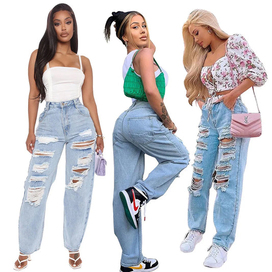 Pantalon en denim déchiré pour femmes, jean élastique de printemps, mode femme : jeans déchirés décontractés taille haute, pantalon à jambe droite