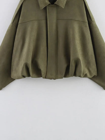ETJ 2025 nouvelle veste bomber femme de printemps à effet suédine, coupe ample, col à revers, style mode, épaules marquéess