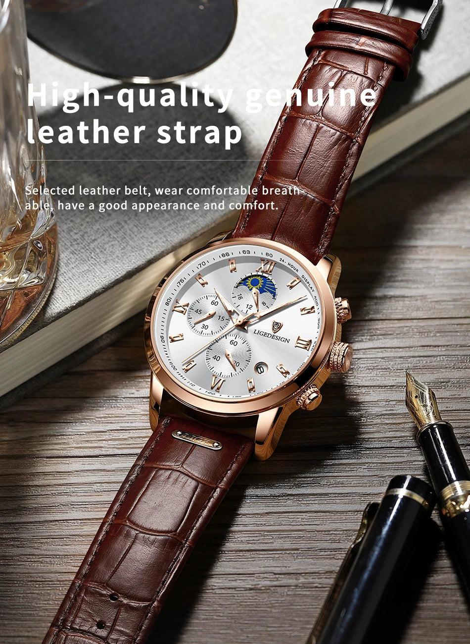 Montre-bracelet de luxe pour femme LIGE, bracelet en cuir, étanche, décontractée et sportive, à quartz, avec affichage 24 heures et phase de lune.