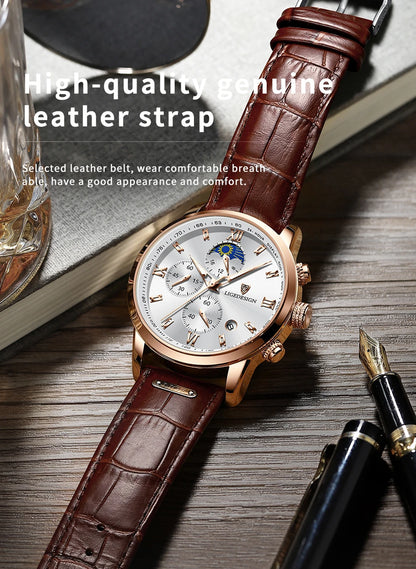 Montre-bracelet de luxe pour femme LIGE, bracelet en cuir, étanche, décontractée et sportive, à quartz, avec affichage 24 heures et phase de lune.