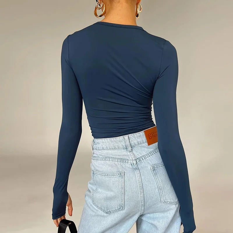 T-shirt femme mode à manches longues, col rond, uni, coupe slim, crop top pour femmes avec trous pour les pouces, pour le quotidien, streetwear d’été, camisoles
