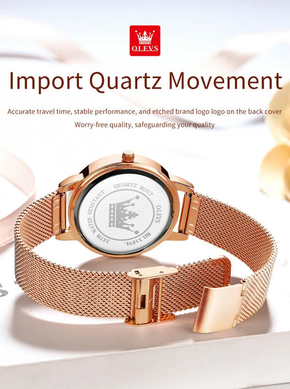 Montre pour femme OLEVS 5189, montre-bracelet à quartz, montre décontractée et tendance pour dames, étanche, lumineuse, bracelet en maille, cadran cœur, index en zircon.