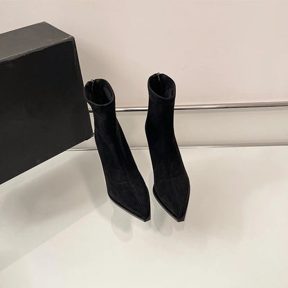 Bottines à talons hauts pour femmes à bout pointu, chaussures élégantes et tendance pour danse et soirées, bottines courtes slim extensibles pour femmes, automne-hiver
