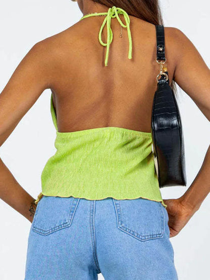 Hauts courts à col licou pour femmes été, hauts verts de couleur unie style bandage à devant ouvert, dos nu et sans manches, streetwear Y2K