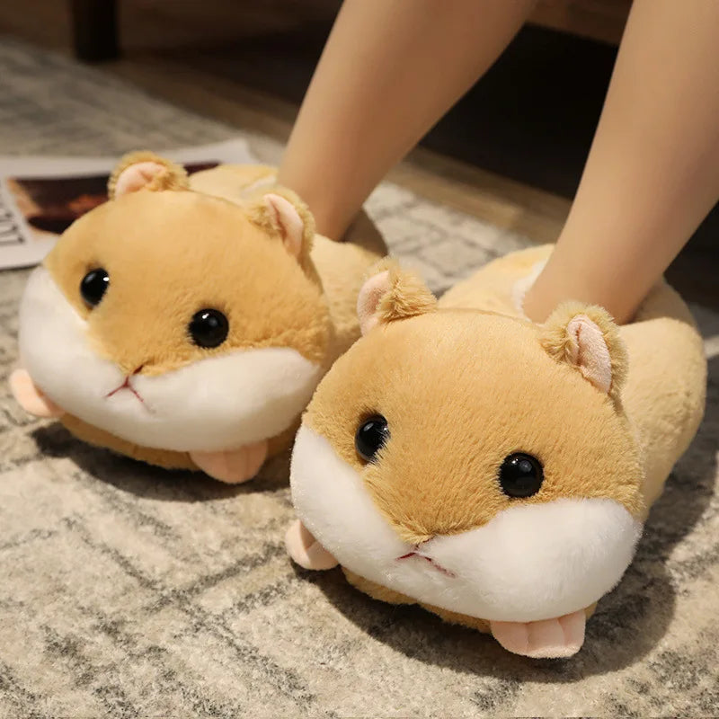 Pantoufles hamster câlines et mignonnes pour femmes, hiver automne, en peluche chaude, chaussures nuage pour chambre, pantoufles familiales pour femme, pantoufles animaux kawaii