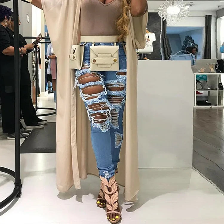 Jeans à trous pour femmes, pantalon crayon en denim, streetwear délavé, skinny extensible, taille haute, effet usé et déchiré, pantalon longueur cheville 2025